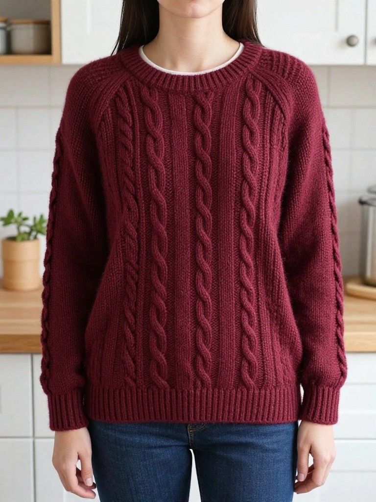 A model wears a burgundy cable knit raglan sweater with long sleeves posed in a modern kitchen.
