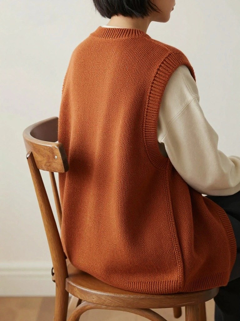 Back view of a model wearing an orange knitted sleeveless vest over a white long-sleeve shirt while seated on a wooden chair.