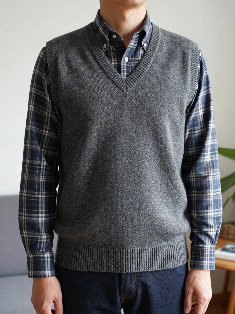 A man wears a gray V-neck sleeveless knitted vest over a blue plaid collared shirt and dark pants.