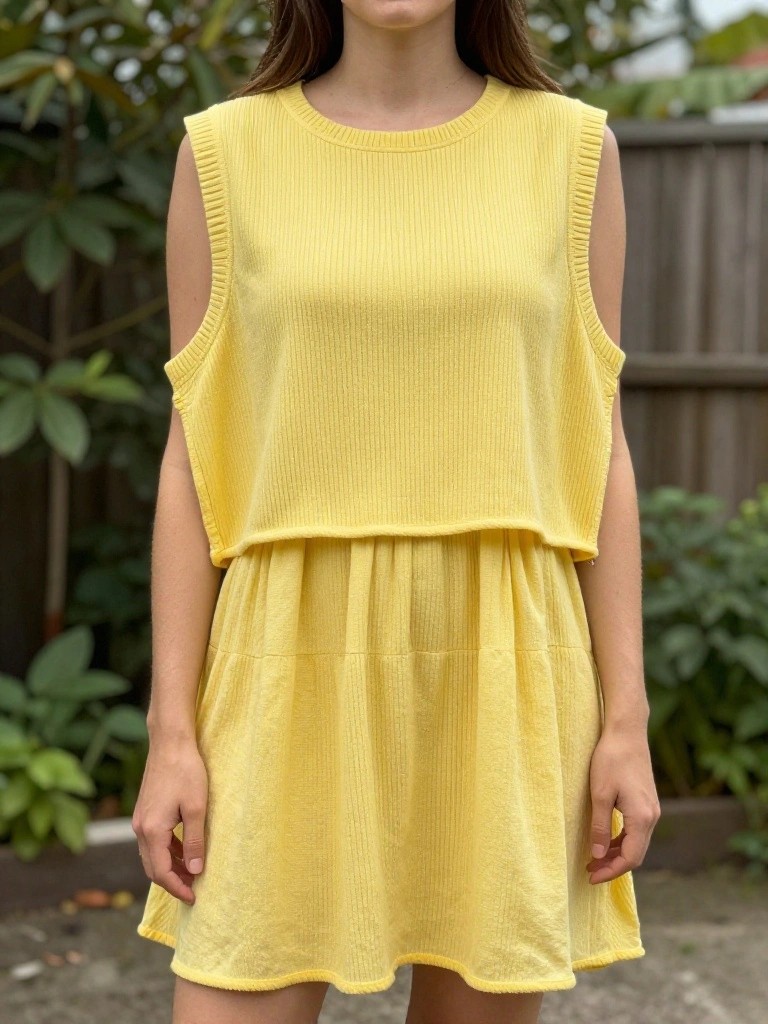 A woman models a bright yellow ribbed cropped sleeveless knit tank top paired with a matching tiered knit skirt against a backyard fence.
