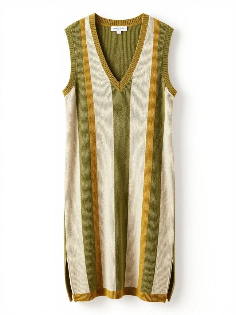 Sleeveless V-neck vest knitted in vertical olive green, cream, and beige stripes.