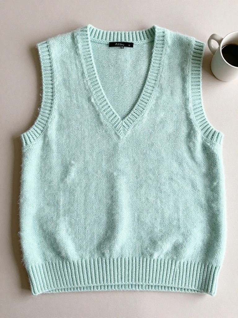 A pale mint green fuzzy knitted sleeveless V-neck vest laid flat on a beige surface next to a white mug of coffee.