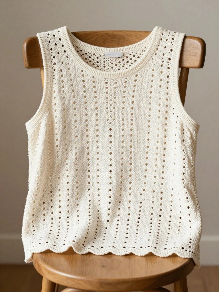 A white openwork knitted sleeveless top with scalloped edges draped over a wooden chair.