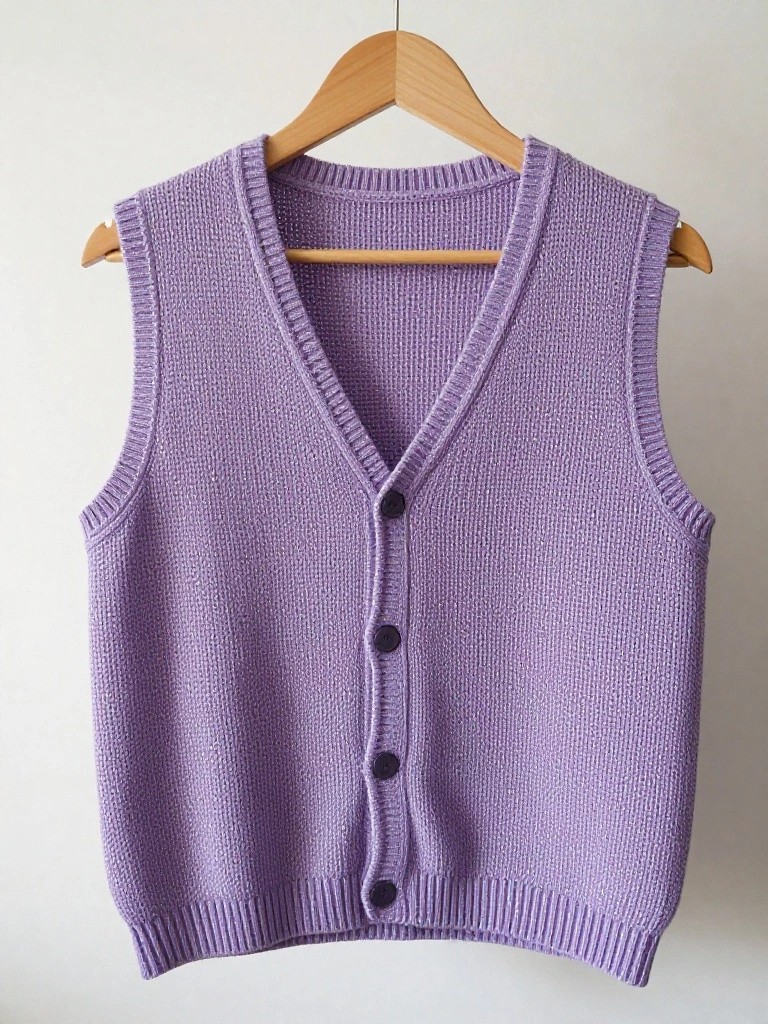 Purple sleeveless knitted vest with V-neck, button front, and ribbed edges hanging on a wooden hanger.