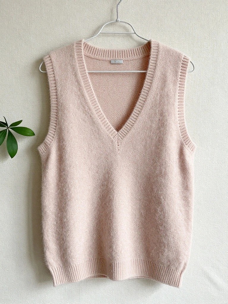 A pale pink fuzzy knitted sleeveless vest with thin straps and V-neck hangs on a wire hanger against a white background.