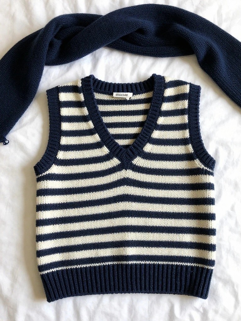 A navy and white horizontally striped sleeveless knitted vest laid flat on white fabric next to a navy knit scarf.