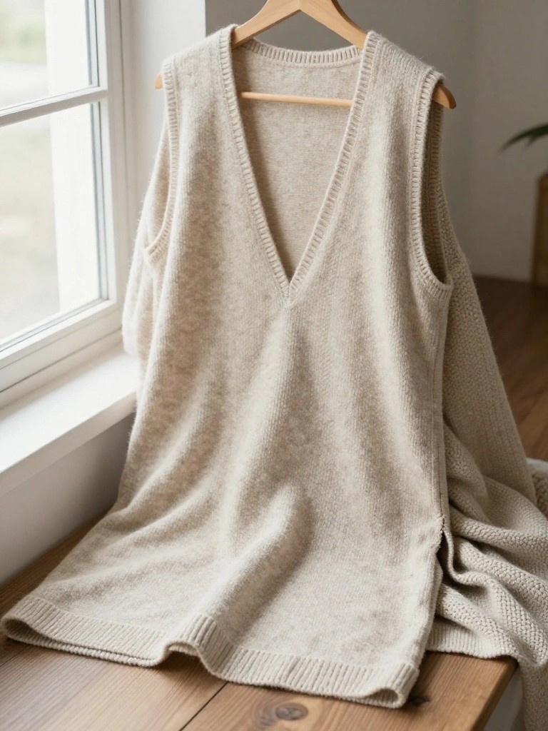 Cream-colored fuzzy knitted sleeveless vest with deep V-neck draped on a hanger by a window.