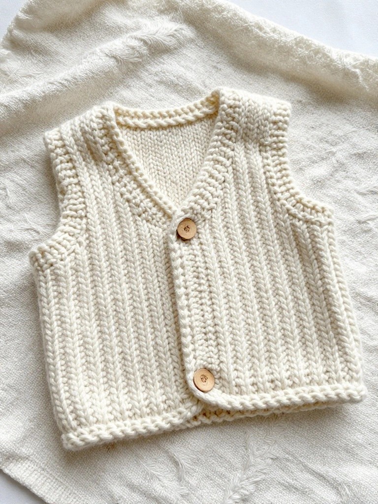 A cream-colored knitted sleeveless baby vest with vertical ribbing, deep V-neck, and one wooden button on the shoulder, laid flat on white fabric.