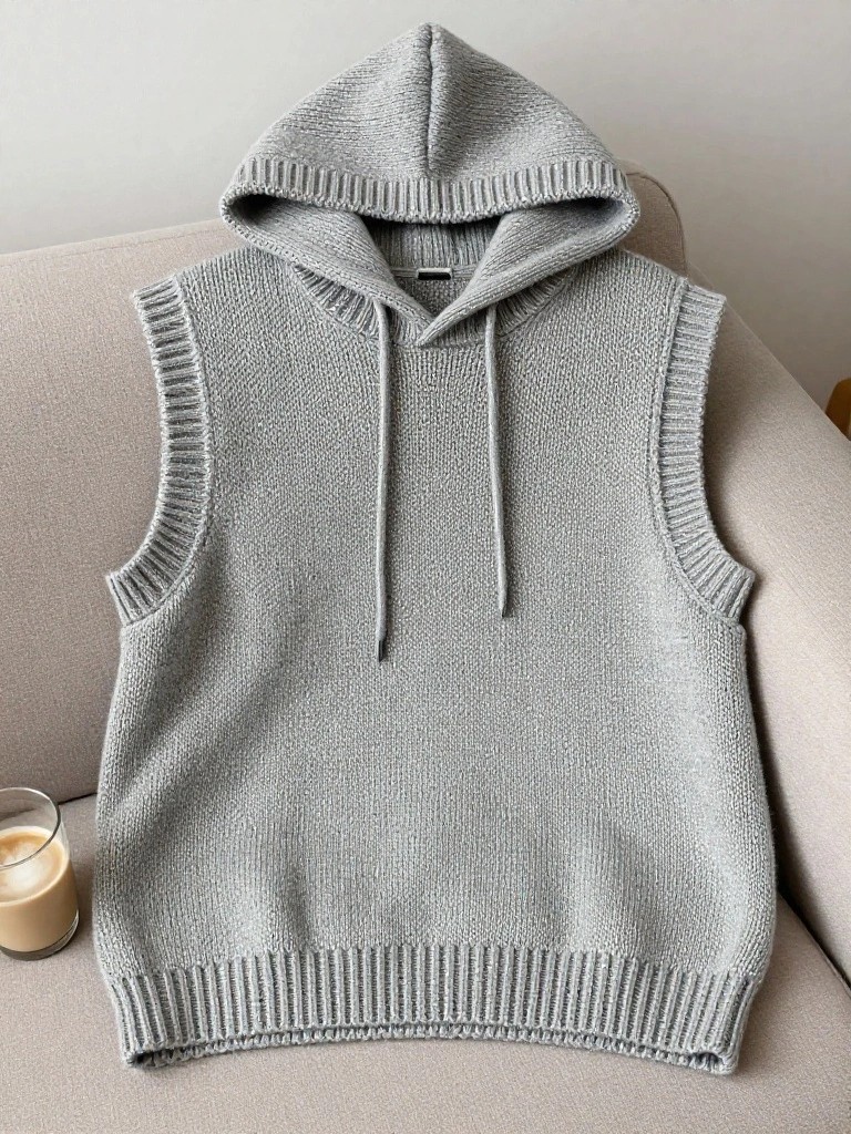 Gray sleeveless knitted hooded vest with drawstrings on a beige sofa next to a cup of coffee.
