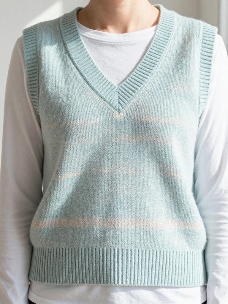 A woman models a light blue fuzzy knitted sleeveless vest with subtle stripes over a white long-sleeve shirt indoors by a window.