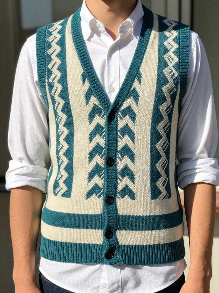 Man wearing a cream and teal knitted vest with chevron stripes and buttons over a white collared shirt.