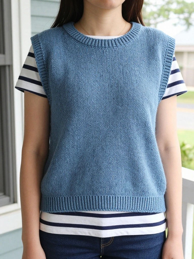A woman models a sleeveless blue knitted vest over a white striped shirt with jeans, standing on a porch.