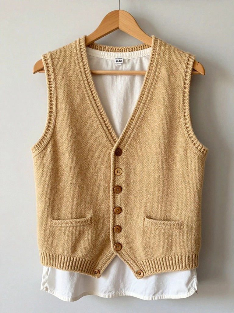 A tan sleeveless knitted vest with V-neck, button front, pockets, and ribbed edges hangs on a hanger over a white shirt.