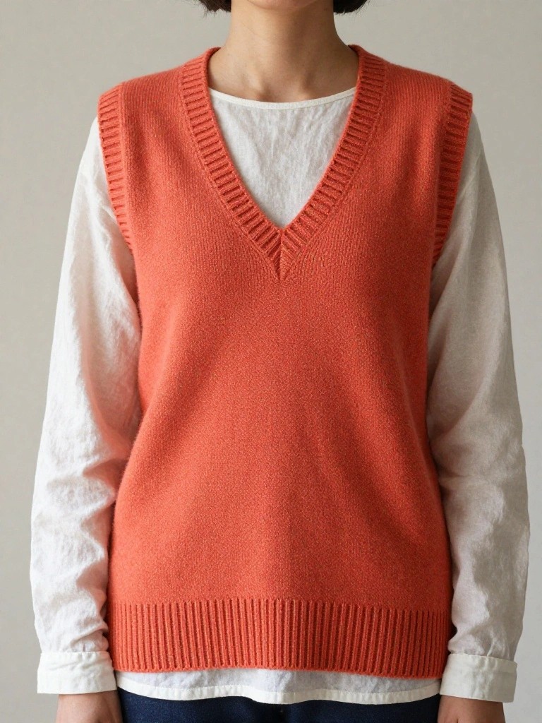 Woman models orange sleeveless V-neck knitted vest over white long-sleeve shirt tucked into jeans.
