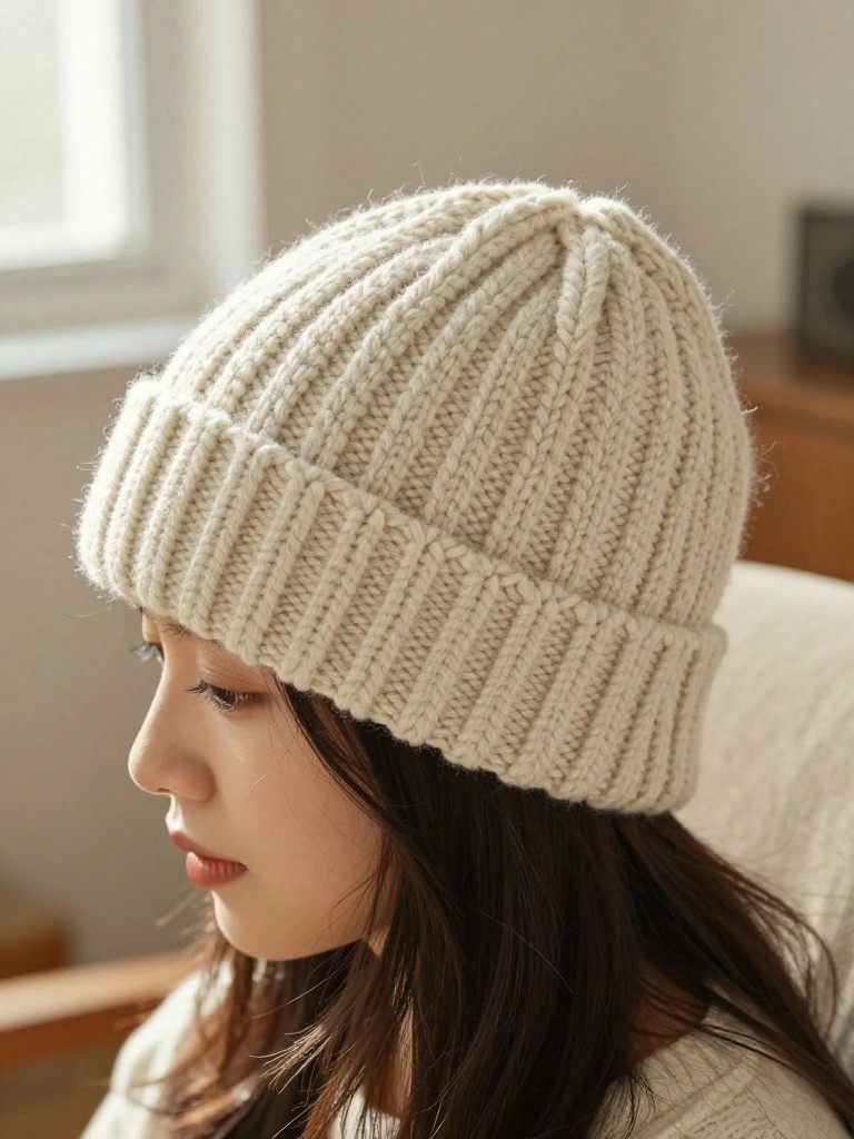 Side view of a woman wearing a cream-colored chunky knit beanie with ribbed brim indoors.
