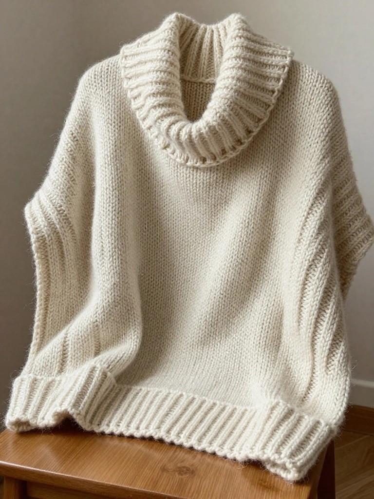 Cream-colored chunky knitted turtleneck poncho with dolman sleeves and ribbed edges draped over a wooden stand.