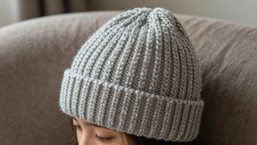 Side view of a woman wearing a cream-colored chunky knit beanie with ribbed brim indoors.