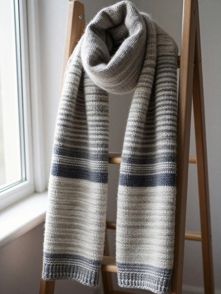 A long knitted scarf with gray and beige stripes draped over a wooden ladder near a window.