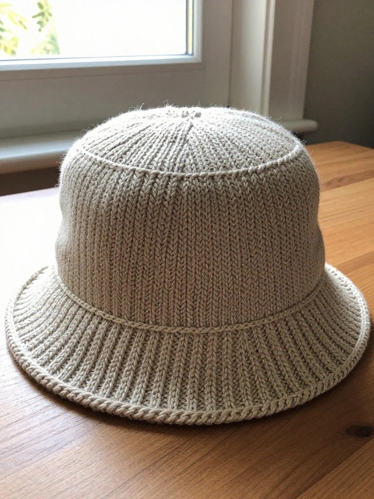 A fuzzy cream-colored knitted bucket hat with wide ribbed brim sits on a wooden table near a window.