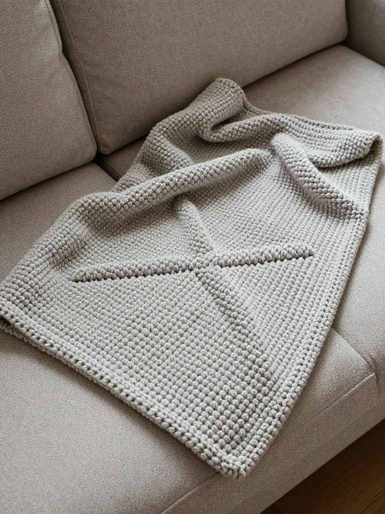 A light gray chunky knitted baby blanket featuring a large raised X motif draped over a beige couch.