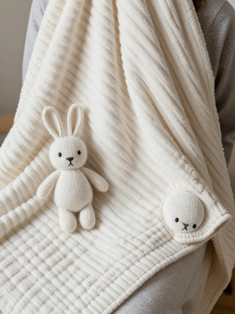 White ribbed knitted baby blanket draped over a lap with a small white knitted bunny toy on it and a knitted bunny face applique on one corner.