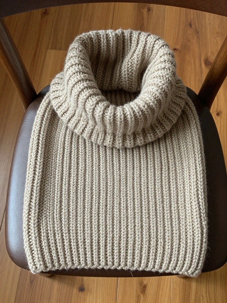 A cream-colored chunky knitted ribbed cowl with a tall collar draped over a wooden chair with a brown leather seat.