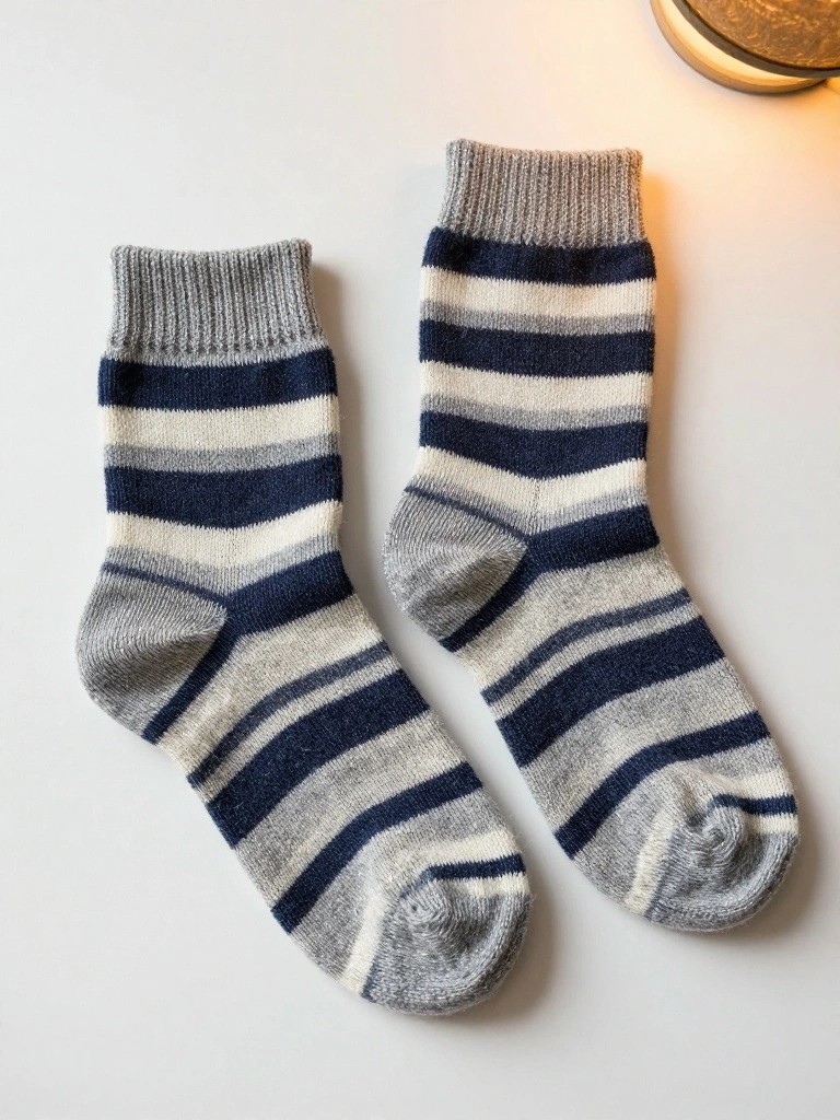 A pair of knitted ankle socks with horizontal stripes in navy blue, gray, and off-white, ribbed cuffs, and fuzzy texture on a table by a lamp.