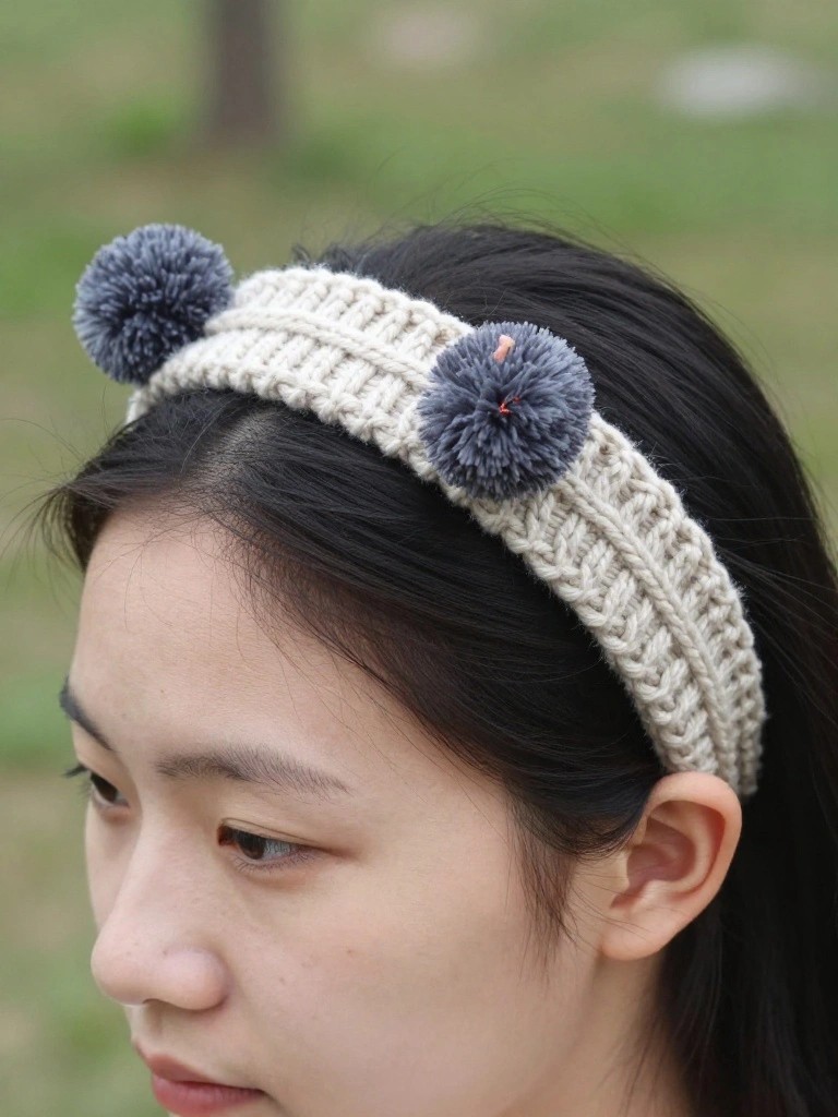A woman with black hair wears a cream-colored knitted headband with two attached gray pom-poms while standing outdoors on grass.