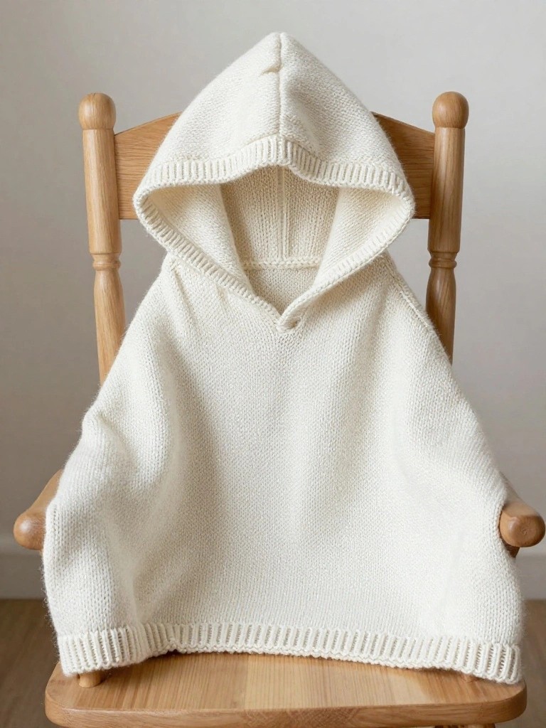 A white chunky knit hooded poncho draped over a small wooden chair.