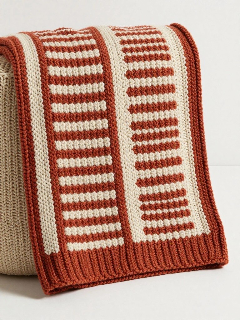 Rectangular knitted blanket with wide vertical rust orange and cream stripes folded over a white cube.