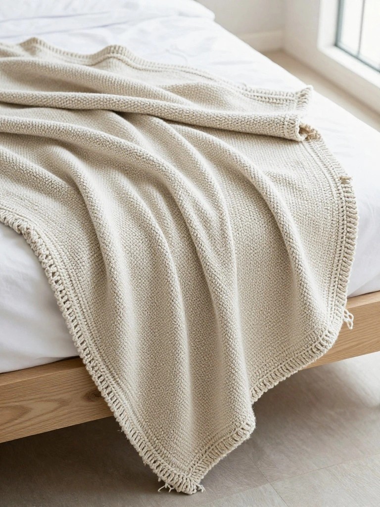 A cream-colored knitted blanket with chunky texture and fringed edges draped over a white bed.