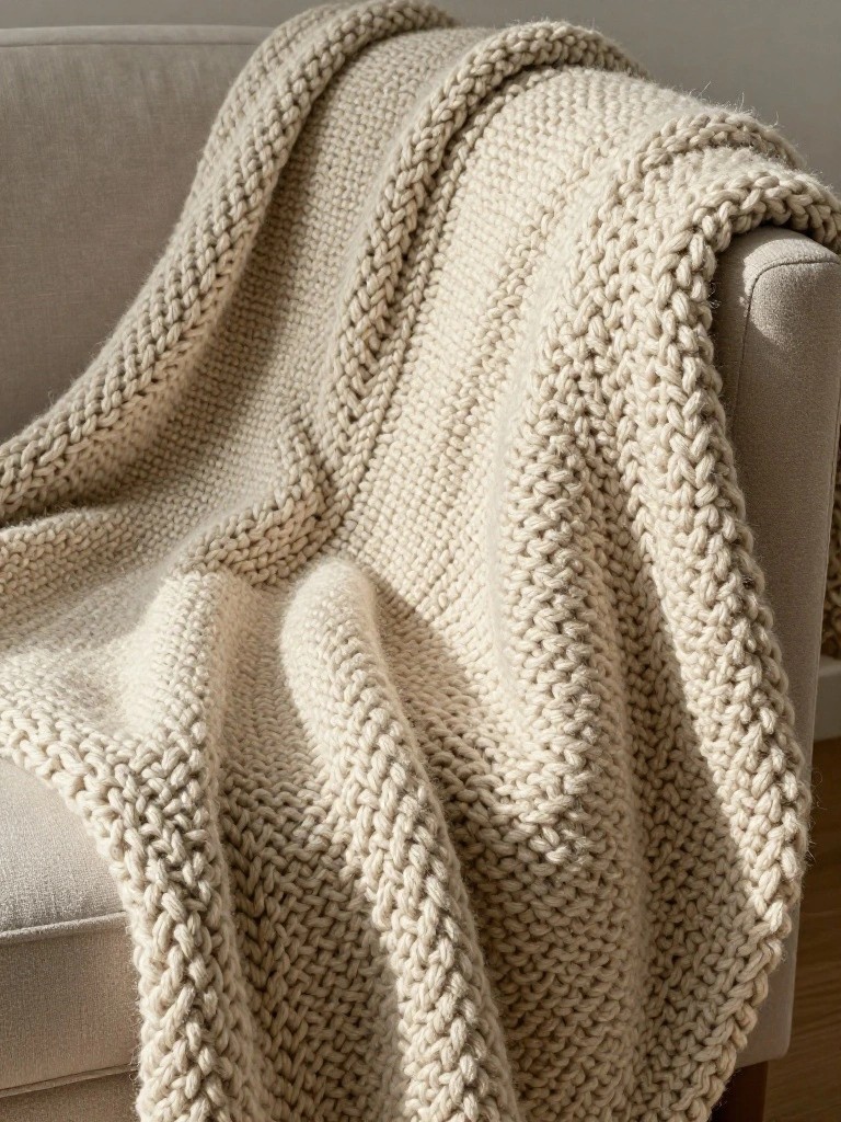 Cream-colored chunky knitted blanket with fuzzy texture draped over the arm of a light gray couch.