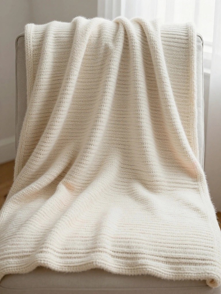 White fuzzy knitted blanket with vertical ribbing draped over a light gray armchair near a window.