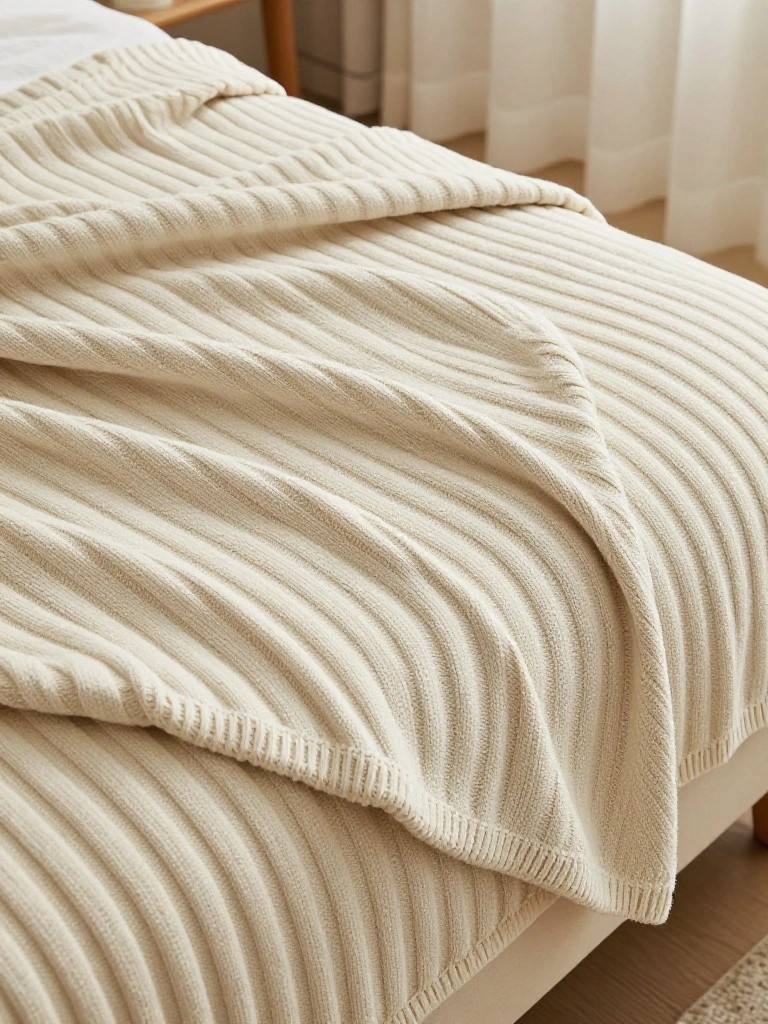 Cream-colored chunky ribbed knitted blanket draped over the corner of a bed.