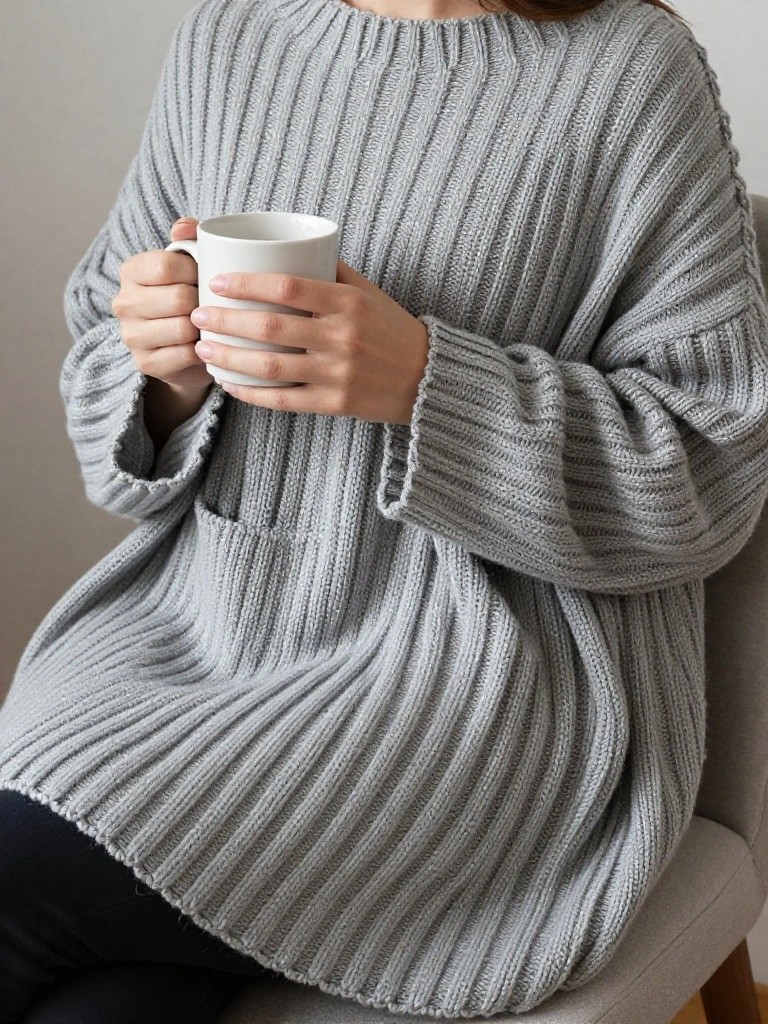 Woman seated in a gray oversized knitted turtleneck sweater with a front pocket, holding a white mug.