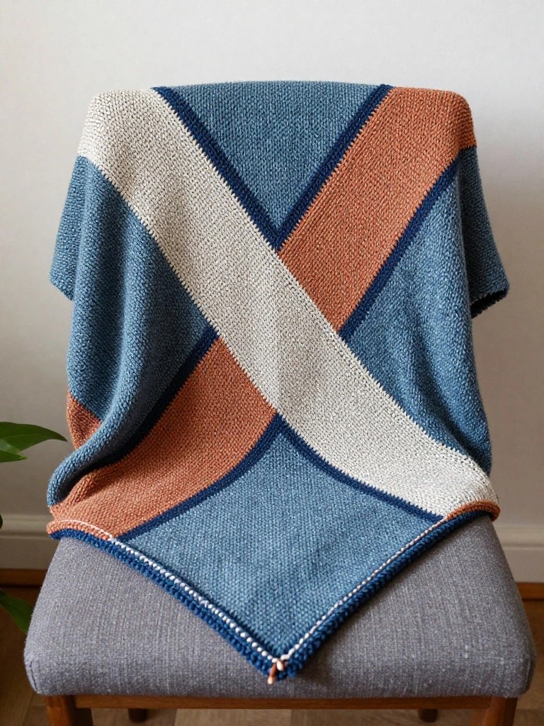 A rectangular knitted blanket with wide diagonal stripes in teal, cream, and rust forming an X shape, draped over a wooden chair with a gray cushion.