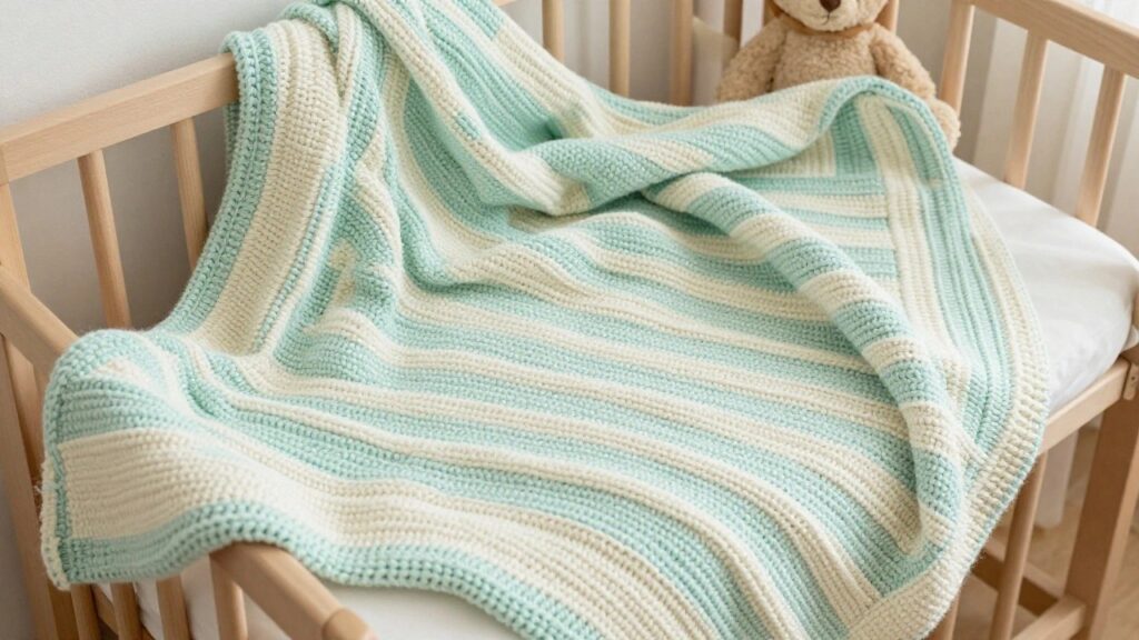 Striped mint green and white knitted baby blanket draped over a crib railing next to a teddy bear.