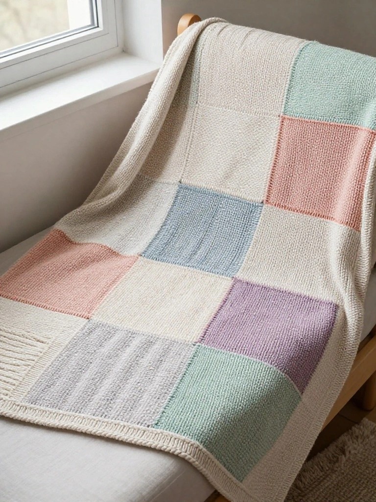 Knitted patchwork blanket of pastel and neutral squares draped over a wooden chair arm by a window.