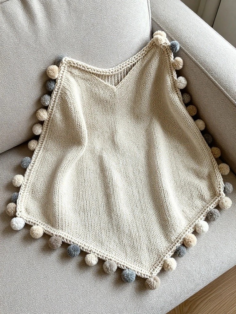 Cream knitted diamond-shaped poncho with gray pom-poms along edges, draped over a light couch arm.