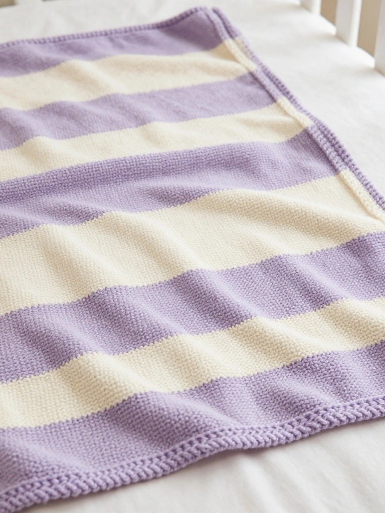 Purple and off-white striped knitted blanket draped over a crib mattress.
