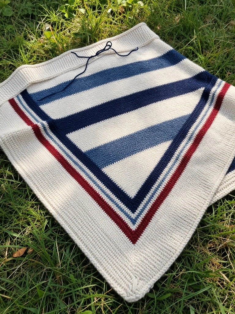A square knitted blanket featuring cream, navy blue, and red stripes with a border, laid flat on green grass.
