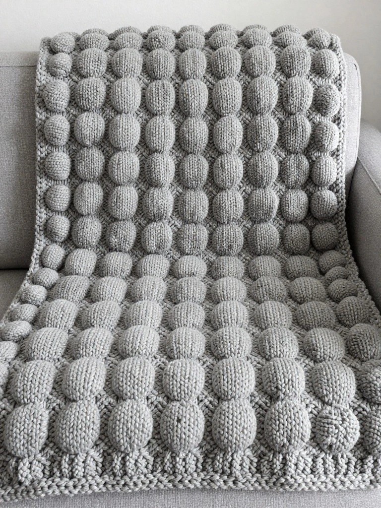 Gray knitted blanket with raised bobble texture draped over a couch arm.