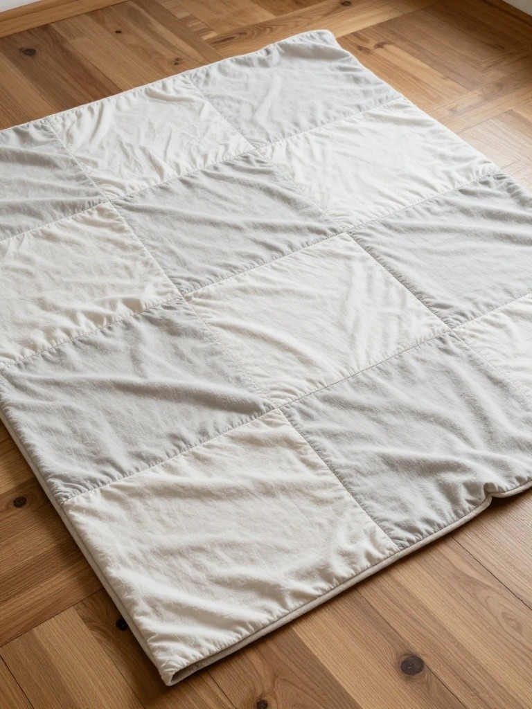 A rectangular patchwork quilted blanket in shades of white and light gray lies flat on a wooden floor.