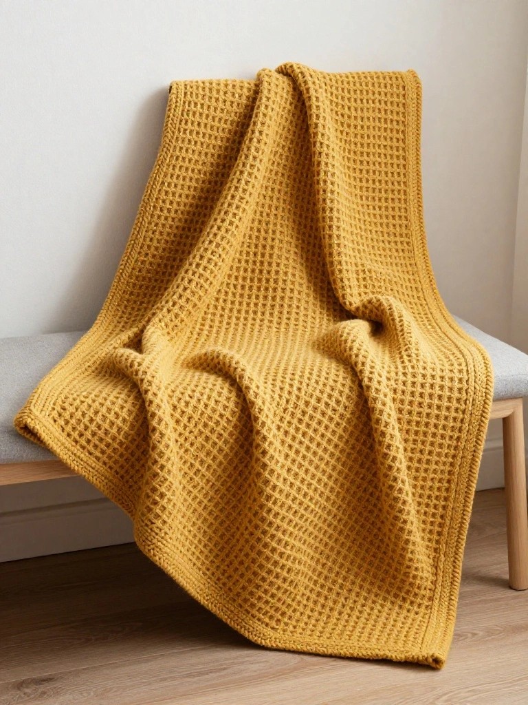 A mustard yellow knitted blanket with raised waffle texture draped over a gray bench on a wooden floor.