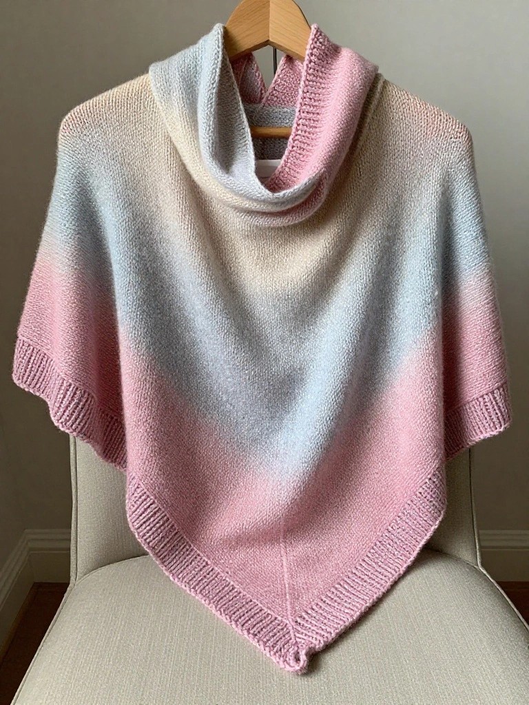 Fluffy knitted shawl in pink-to-blue gradient with cowl neck hanging on a wooden hanger over a chair.