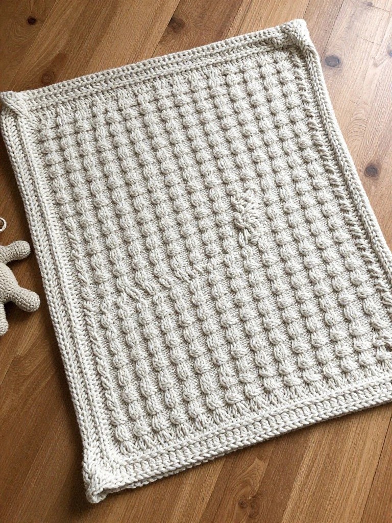 Cream-colored square knitted baby blanket with all-over bumpy bobble texture and simple border on wooden floor next to teddy bear toy.