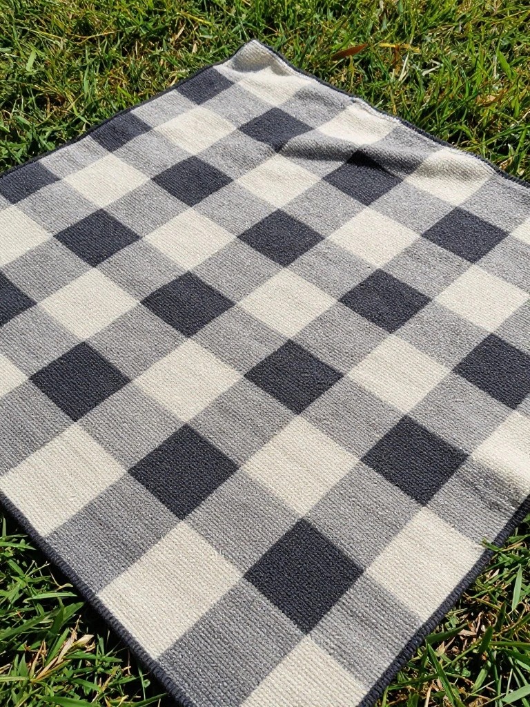 Square knitted blanket with black, gray, and white buffalo check pattern on green grass.