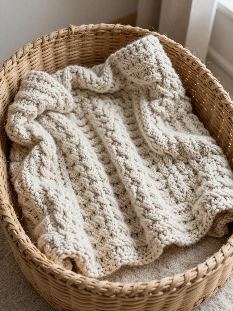 Cream-colored knitted blanket with vertical cable stitches folded inside a round wicker basket.