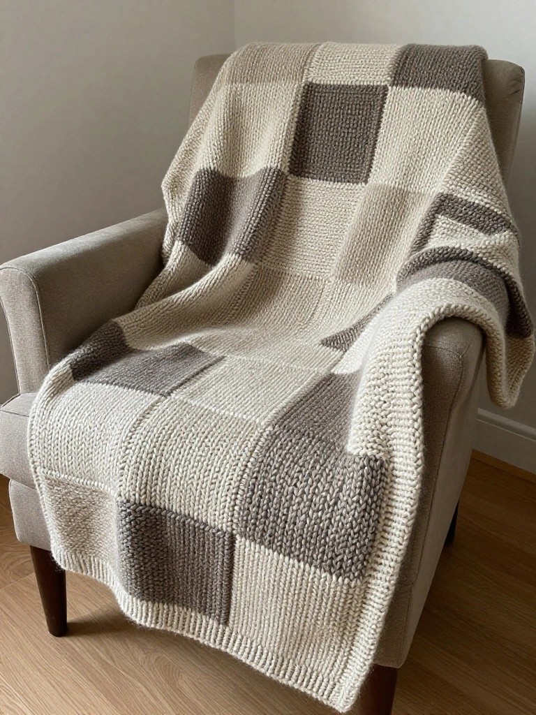 A chunky knitted throw blanket in a checkered pattern of cream and gray squares draped over a beige armchair in a light room.