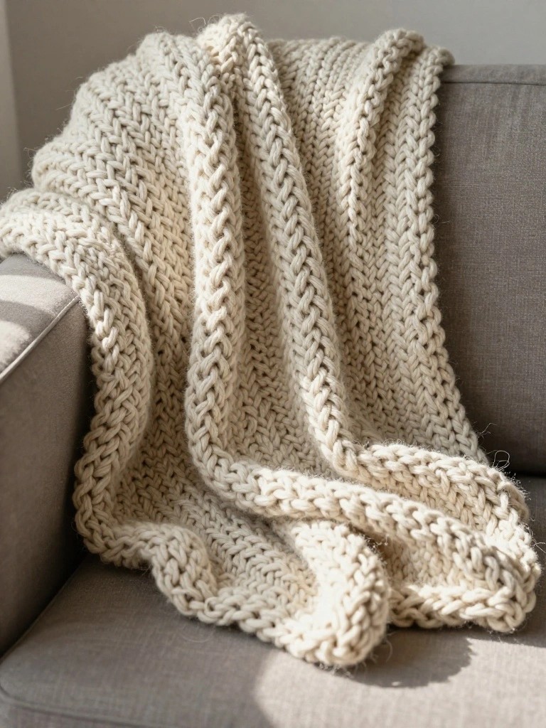A cream-colored chunky knitted blanket with braided texture draped over the arm of a gray couch.